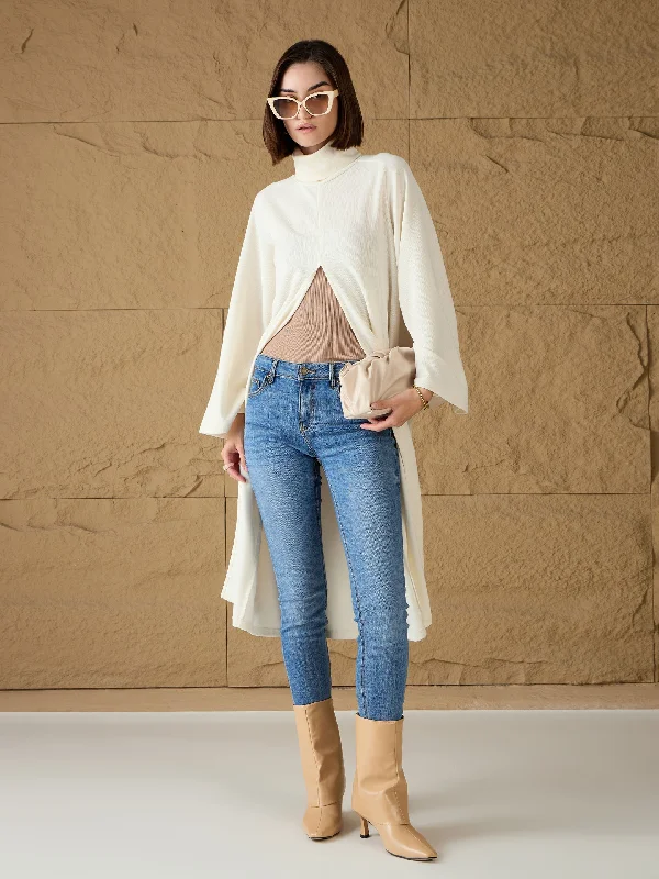 Women Off-White Turtle-Neck Front High Slit Sweater Fitted Slim Tailored