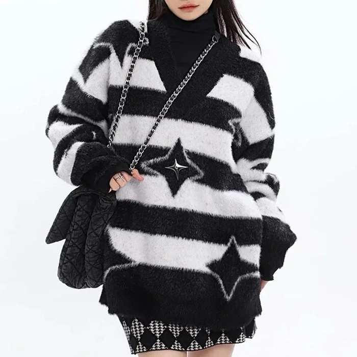 Star Girl Fuzzy Striped Sweater Fitted Loose Oversized