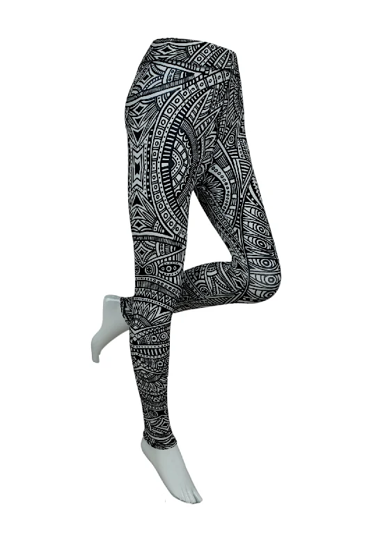 Women High-Rise Printed Leggings 80053 (BLACK) Fashionable Lacy Detail Leggings