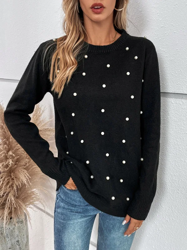 Women’s Pearlized Embellishments Micro-cable Knit Crew Neck Long Sleeves Sweater Iron Safe Non-Iron Wrinkle Free