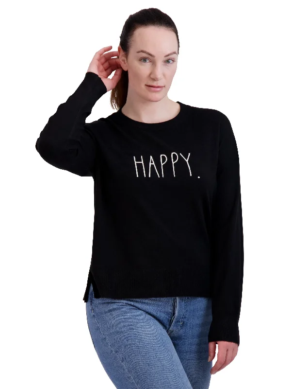 Women's Embroidered "HAPPY" Knit Black Sweater Solid Color Striped Floral Print