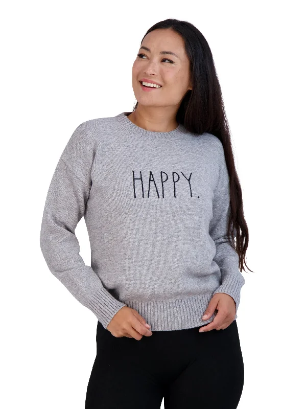 Women's Embroidered "HAPPY" Knit Gray Sweater Sweater Knitwear Pullover