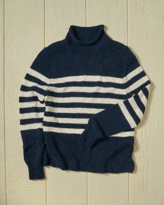 Women's Fisherman's Sweater in Navy/Egret Breton Stripe Iron Safe Non-Iron Wrinkle Free