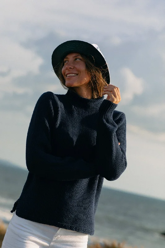 Women's Fisherman's Sweater in Navy Wool Fabric Cashmere Fabric Tweed Fabric