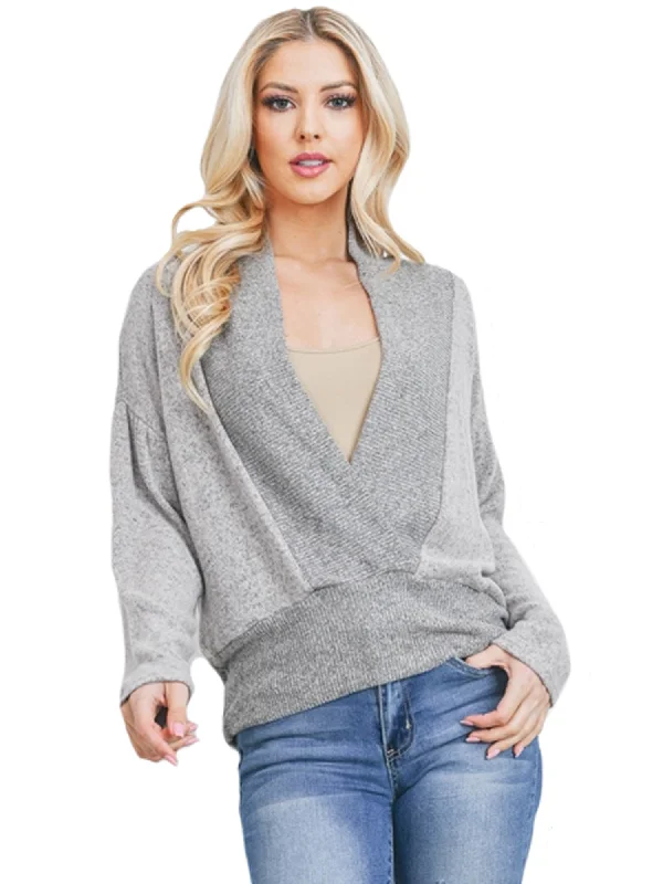 Womens Gray Long Sleeve Drop Shoulder V-Neck Sweater Boat Neck Shawl Collar Notched Collar