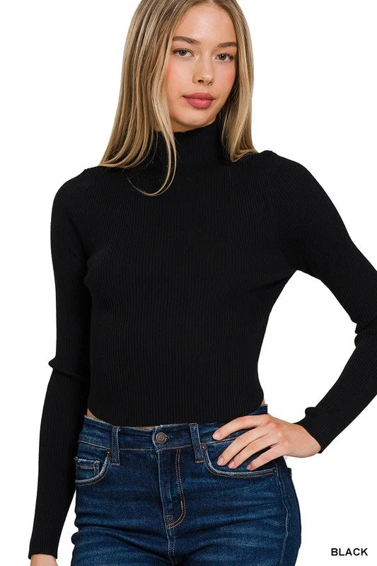 WOMENS RIBBED CROPPED CURVED-HEM TURTLENECK SWEATER Plaid Sweater Polka Dot Checkered