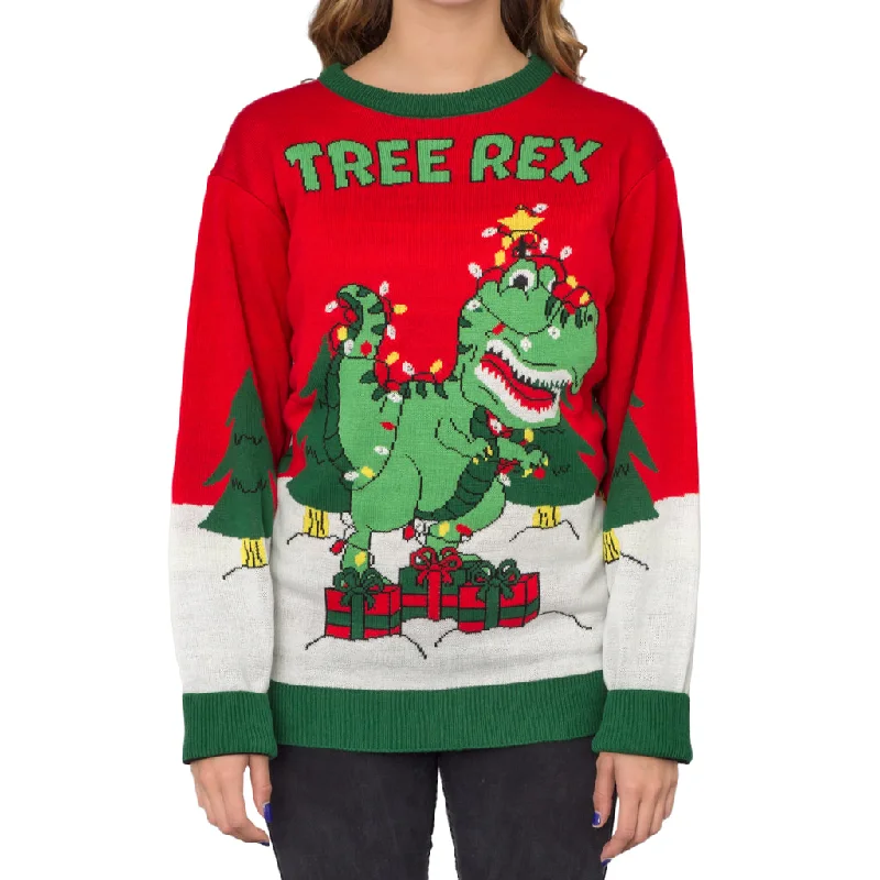 Women's Tree Rex Light Up T-Rex Ugly Christmas Sweater Lightweight Heavyweight Midweight