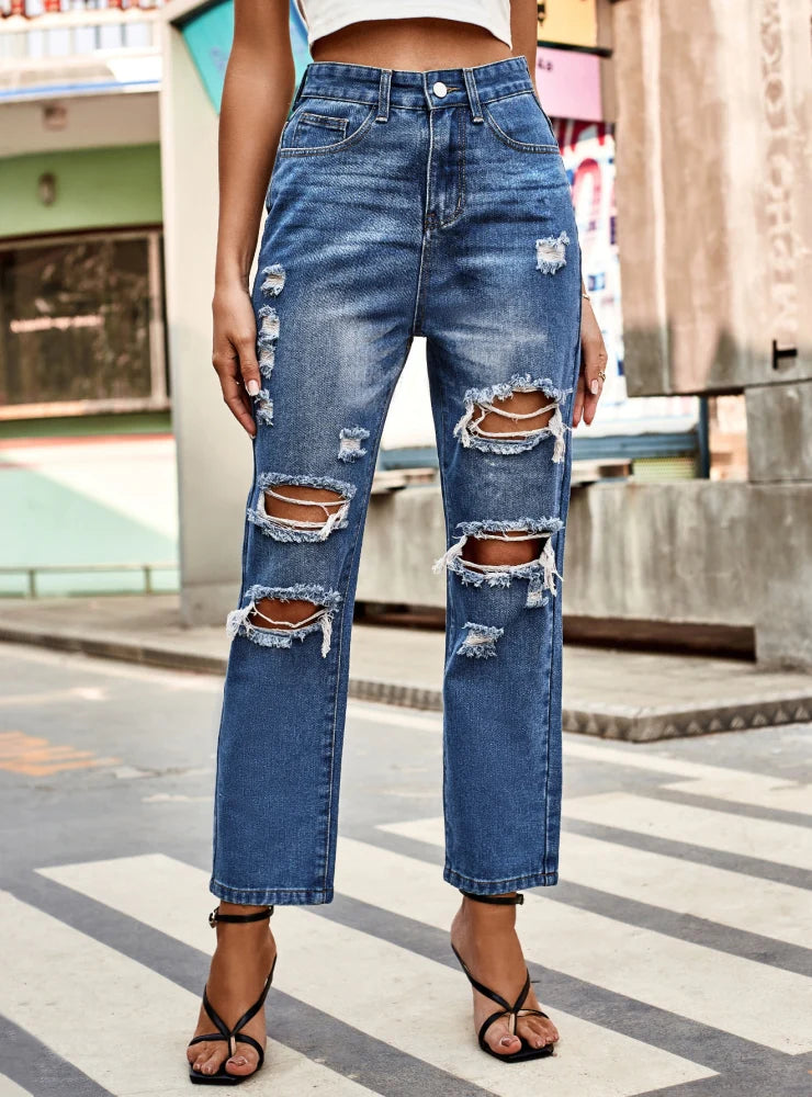 PUNCHED STRAIGHT CROPPED TROUSERS PANT JEANS Trendy Classic Fit Jeans