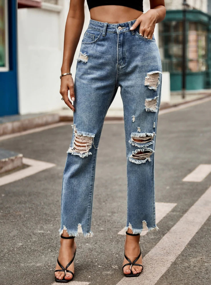 SLIM-FIT HOLES RAW EDGES JEANS PANT Chic Cropped Jeans