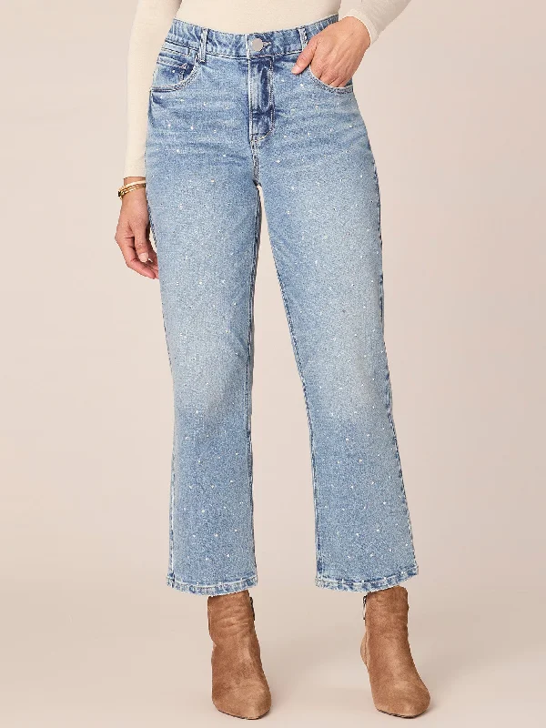 "Ab"solution High Rise Round Up Boyfriend Jeans with Rhinestones Trendy Flared Leg Jeans