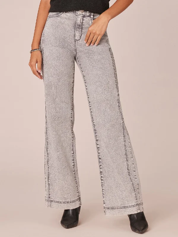 "Ab"solution Skyrise Double Side Seam Wide Leg Jeans with Rhinestones Stylish Paperbag Waist Denim