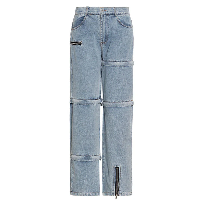 Asymmetric Detachable Zip Detail High Waist Straight Leg Jeans Comfortable Flare Leg Jeans