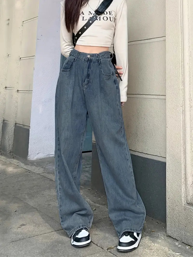 Blue Adjustable Buckle Waist High Waist Straight Jeans Trendy Low-Rise Bootcut Jeans