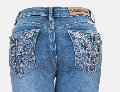 Ladies Rhinestone Jeans with Double Guns on rear Pocket 4043 BP Stylish Tapered Fit Jeans