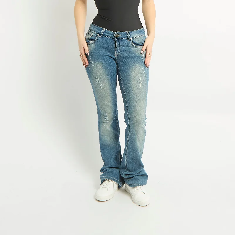 Distressed Straight Leg Jeans - UK 10 Classic Button Fly Jeans