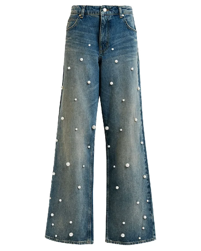 Bel Air Blue Pearl-Embellished Jeans Casual Distressed Denim Jeans