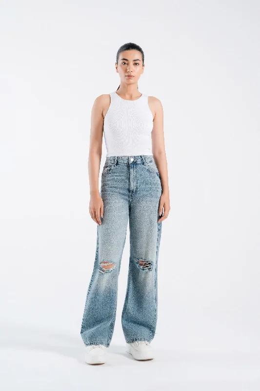 Ripped 90'S Wide Leg Jeans Trendy Cut-Off Denim Shorts