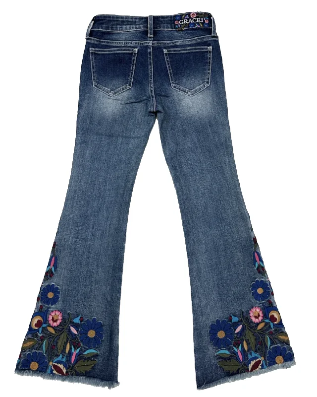 Floral Embroidery on Hem Boho Girls Flare Jeans Chic Rip-Detail High-Waist Jeans