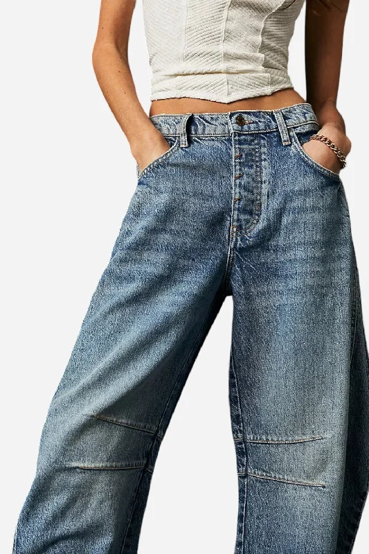 Free People Good Luck Mid-Rise Barrel Jeans in Ultra Light Beam Chic Ripped Jeans