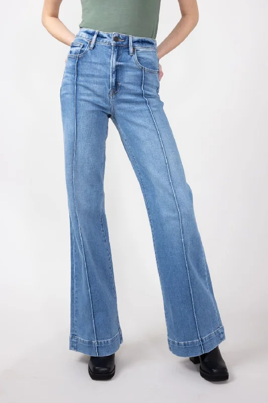 Hidden High-Rise Exposed Stitch Flare Jeans for Women | HD3302-ML Cozy Relaxed Fit Jeans