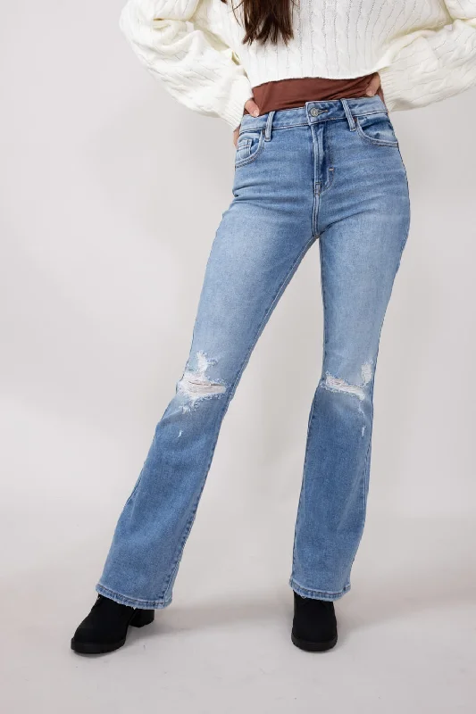 Hidden High Rise Flare Distressed Jeans for Women in Medium Wash | HD3173-ML Trendy Paperbag Waist Jeans