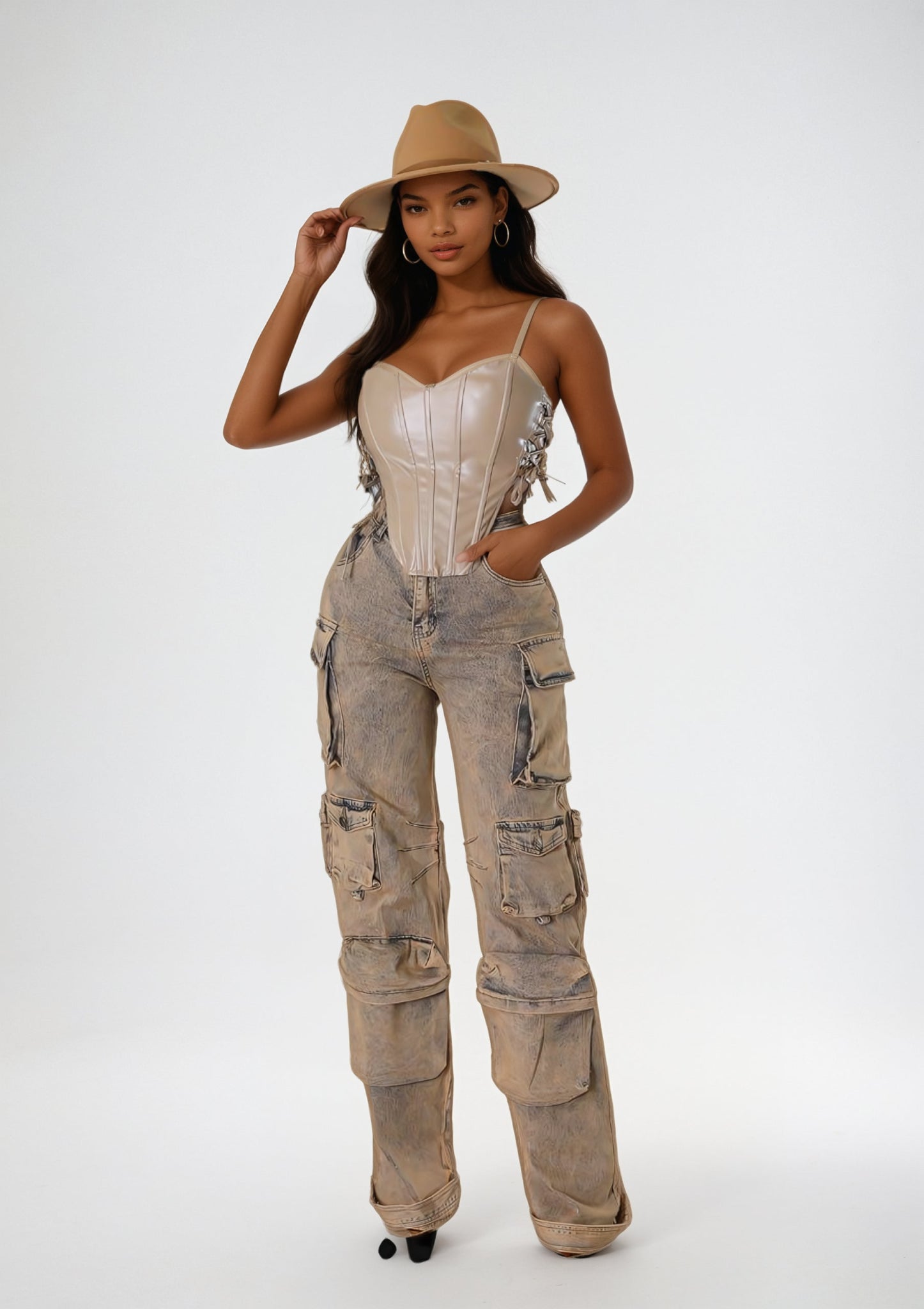 High-Waisted Brown Acid Washed Cargo Jeans Comfortable Faded High-Rise Jeans