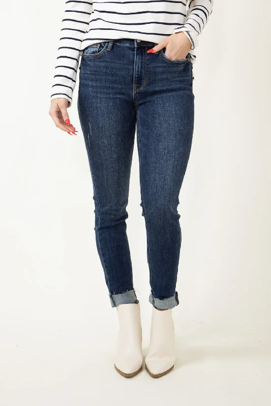 Judy Blue Mid Rise Vintage Raw Hem Skinny Jeans for Women | 82527-DK Trendy Wide-Legged High-Waist Jeans