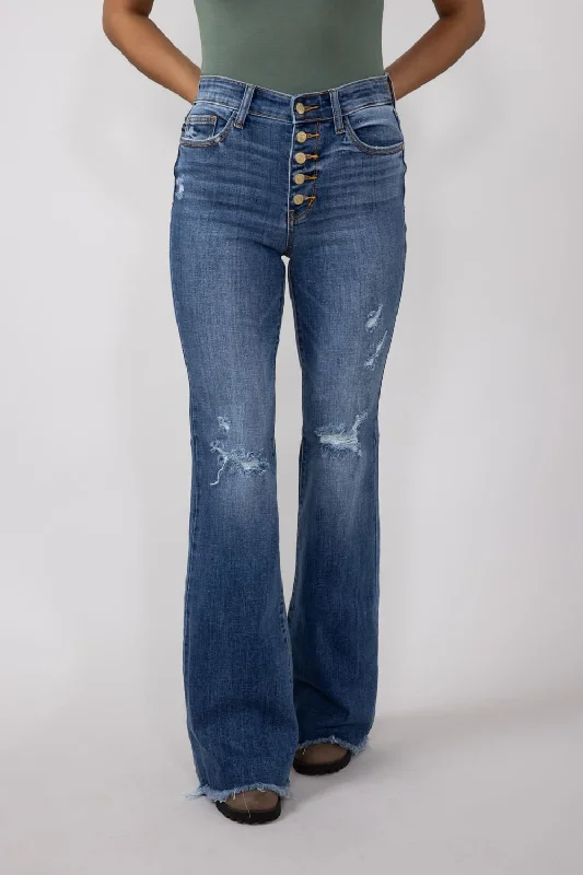 Judy Blue Mid Rise Medium Wash Flare Frayed Hem Distressed Jeans for Women | 82638REG Stylish High-Rise Mom Jeans