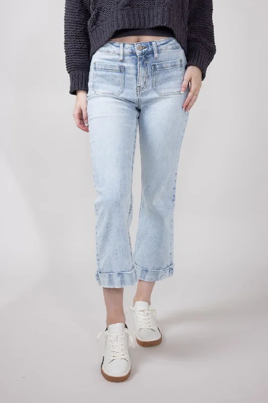 KanCan Mid Rise Cropped Flare Jeans for Women | KC78026L Fashionable Raw Hemmed Jeans