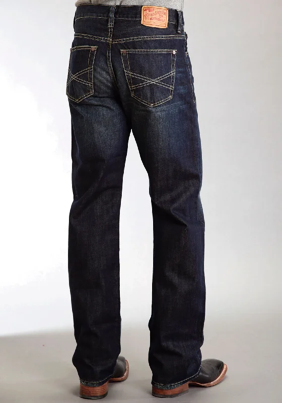 Mens Stetson Blue Cotton Blend Double Needle X Stitch Straight Modern Jeans Trendy Low-Rise Bootcut Jeans