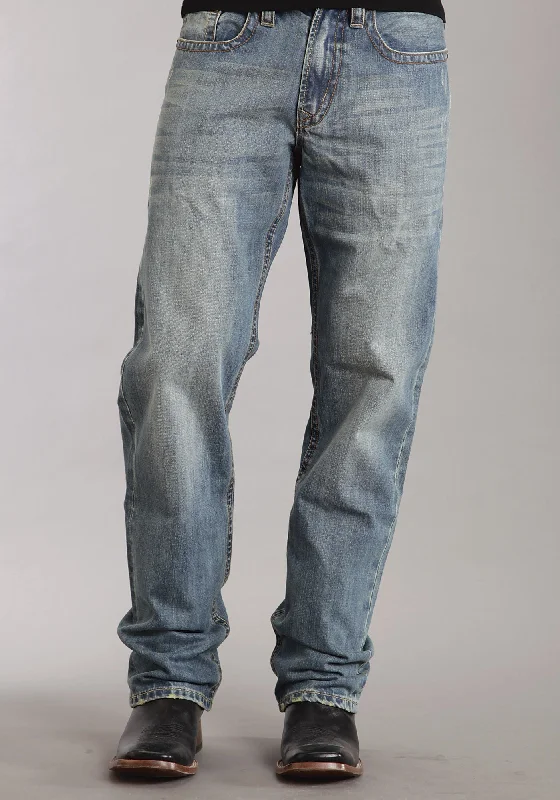 Mens Stetson Blue Cotton Blend Medium Wash Straight Leg Relaxed Jeans Comfortable Faded High-Rise Jeans