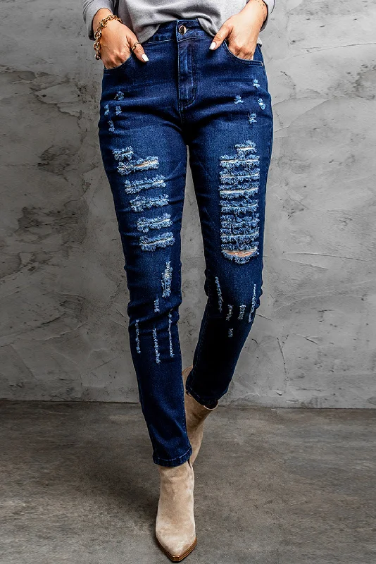 Mid Rise Holes Skinny Jeans Casual Loose Fit Jeans