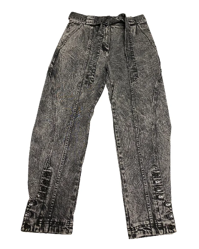 Grey Acid Wash High Waist Jeans with Taped Silhouette Fashionable Raw Hem Bootcut Jeans