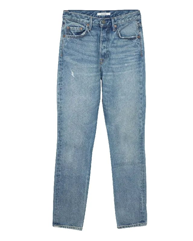 High-Rise Straight Leg Jeans in Blue Cotton Fashionable Straight Fit Denim