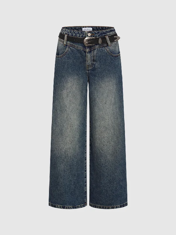 Regular Washed Denim Jeans Trendy Paperbag Waist Jeans