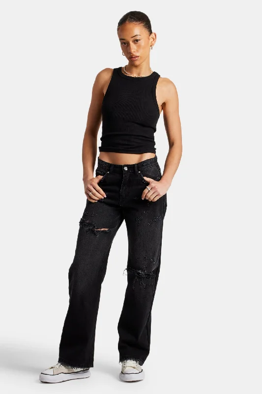 Relaxed Ripped Jeans With Distressing - Washed Black Trendy Button-Up High-Waist Jeans