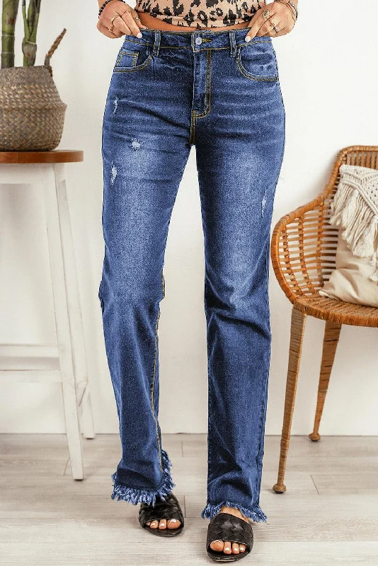 Ripped Frayed Hem Jeans Fashionable Cropped Denim Jeans