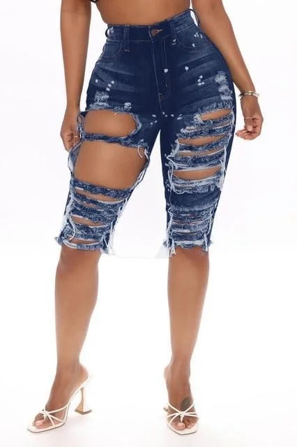 Ripped Jeans Summer Knee Length Jeans Trendy Pleated Waist Jeans