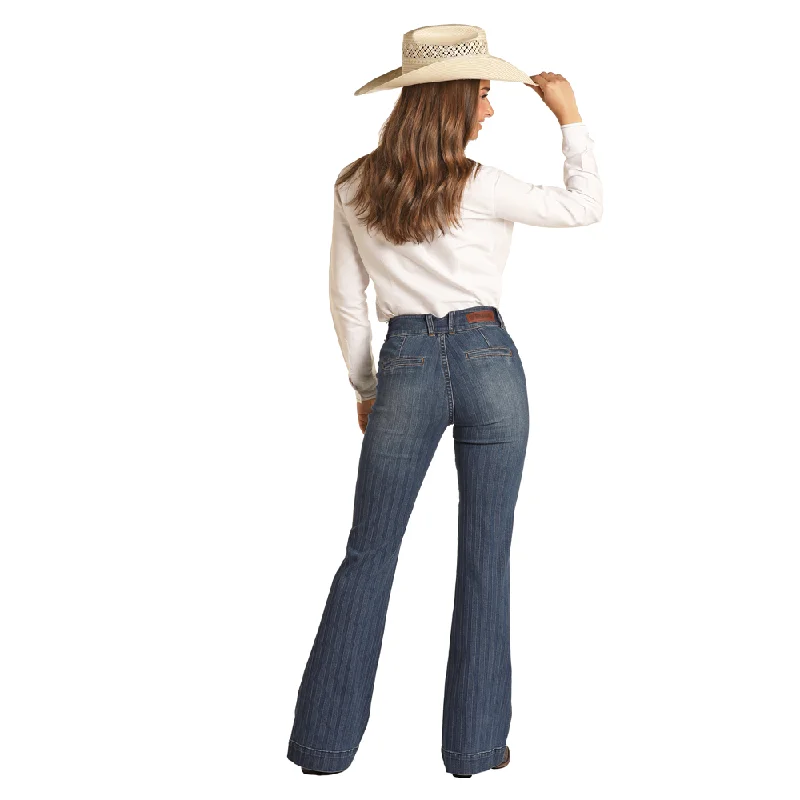 RRWD5HR0SK Rock & Roll Denim Ladies High Rise Jaquard Trouser Jeans Comfortable Folded Hem Jeans