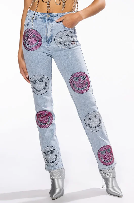 SMILEY FACES RHINESTONE HIGH RISE STRAIGHT JEANS Trendy Cut-Off Denim Shorts