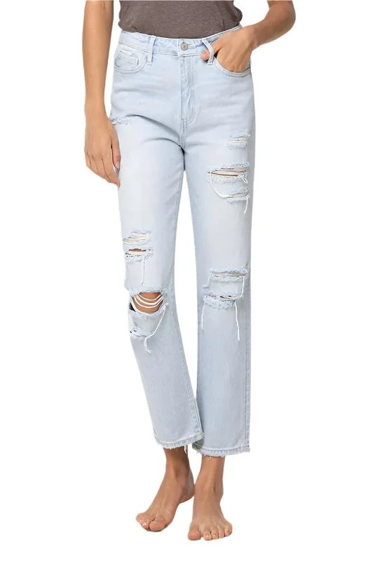 Super High Rise Distressed Crop Straight Jeans Comfortable Distressed Straight-Leg Jeans