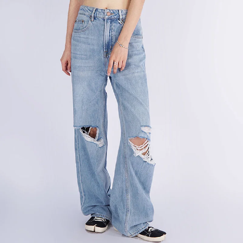 Trendy High Rise Fade Ripped Straight Wide Leg Jeans - Light Blue Fashionable Straight Cut Jeans