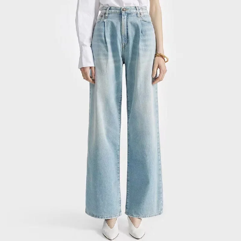 Trendy High Waist Fade Detail Pleated Wide Leg Jeans - Faded Blue Casual Skinny Fit Jeans