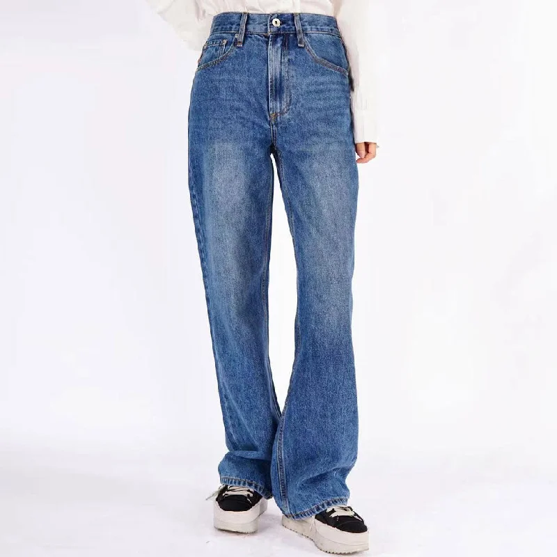 Trendy Mid Rise Fade Detail Straight Wide Leg Jeans - Mid Blue Stylish Slim Fit Denim