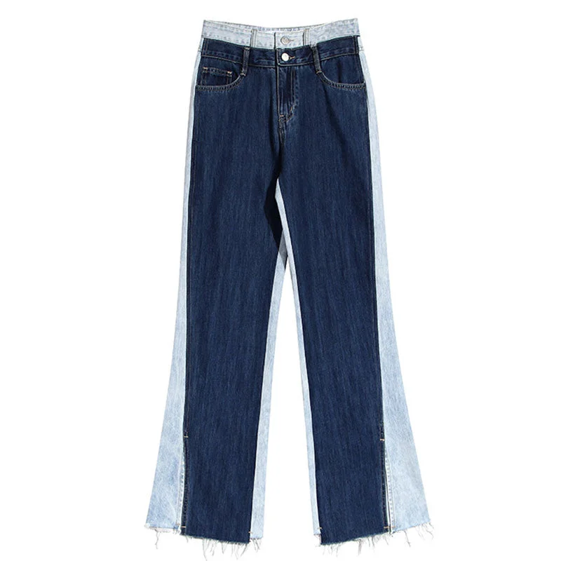 Unique Two Tone Raw Hem High Waist Straight Leg Spliced Jeans Fashionable Raw Hem Bootcut Jeans