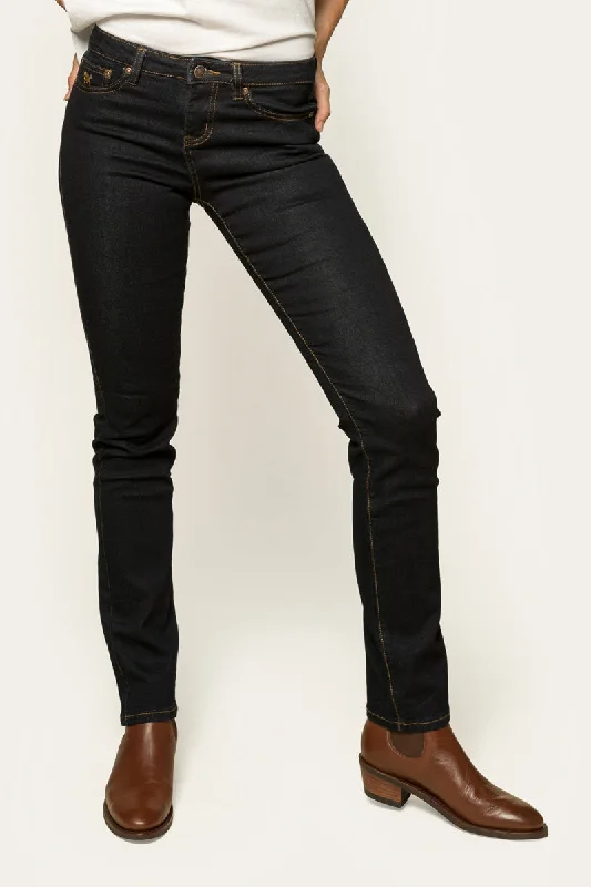 Victoria Womens Mid-Rise Straight-Leg Jeans - Dark Blue Comfortable Distressed Straight-Leg Jeans