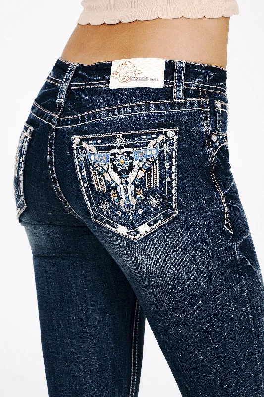 Aztec/Steer Head Embroidery Mid Rise  Bootcut Jeans Comfortable Full-Length Denim Jeans