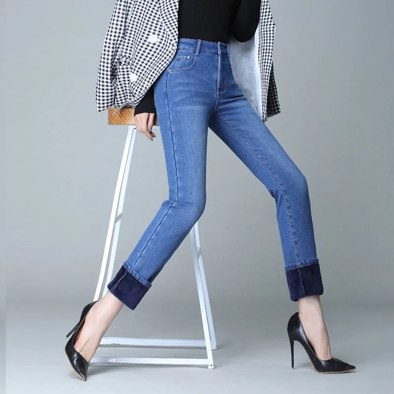 Winter Warm High Waist Slim Straight Leg Skinny Jeans for Women Trendy Patchwork Denim Jeans