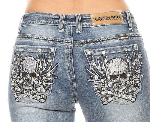 Women's Rhinestone Bling Skull jeans 4037 Chic Vintage-Inspired Denim Jeans